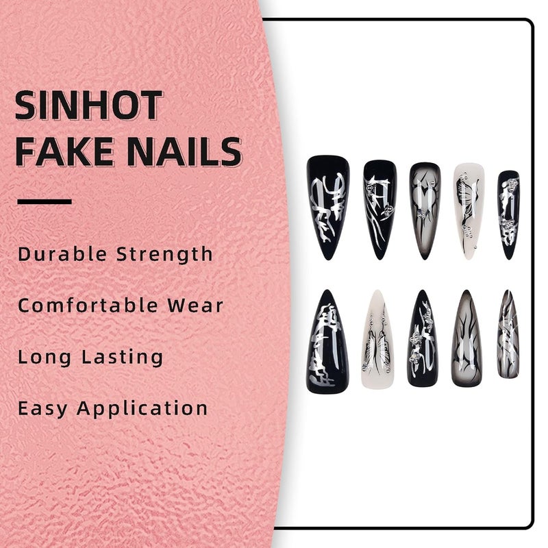 SINHOT Stiletto Press on Nails - Long Fake Nails, Glossy Finish, Black Butterfly & Gothic Style, DIY Artificial False Nail Art - 24 Pcs Nail Kit with Glue - Image 5